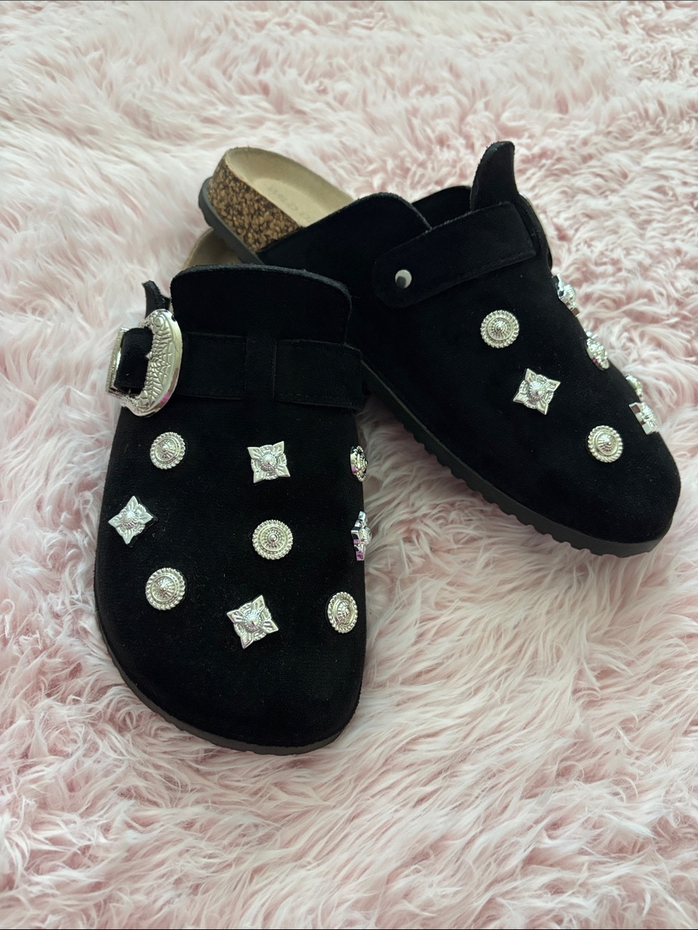 Wild Diva Black Suede Studded Clog Mules